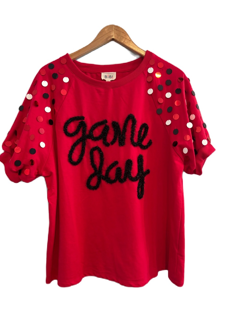 BiBi Red and Black Ribbed- Neck "Game Day" Spangled Top Size L